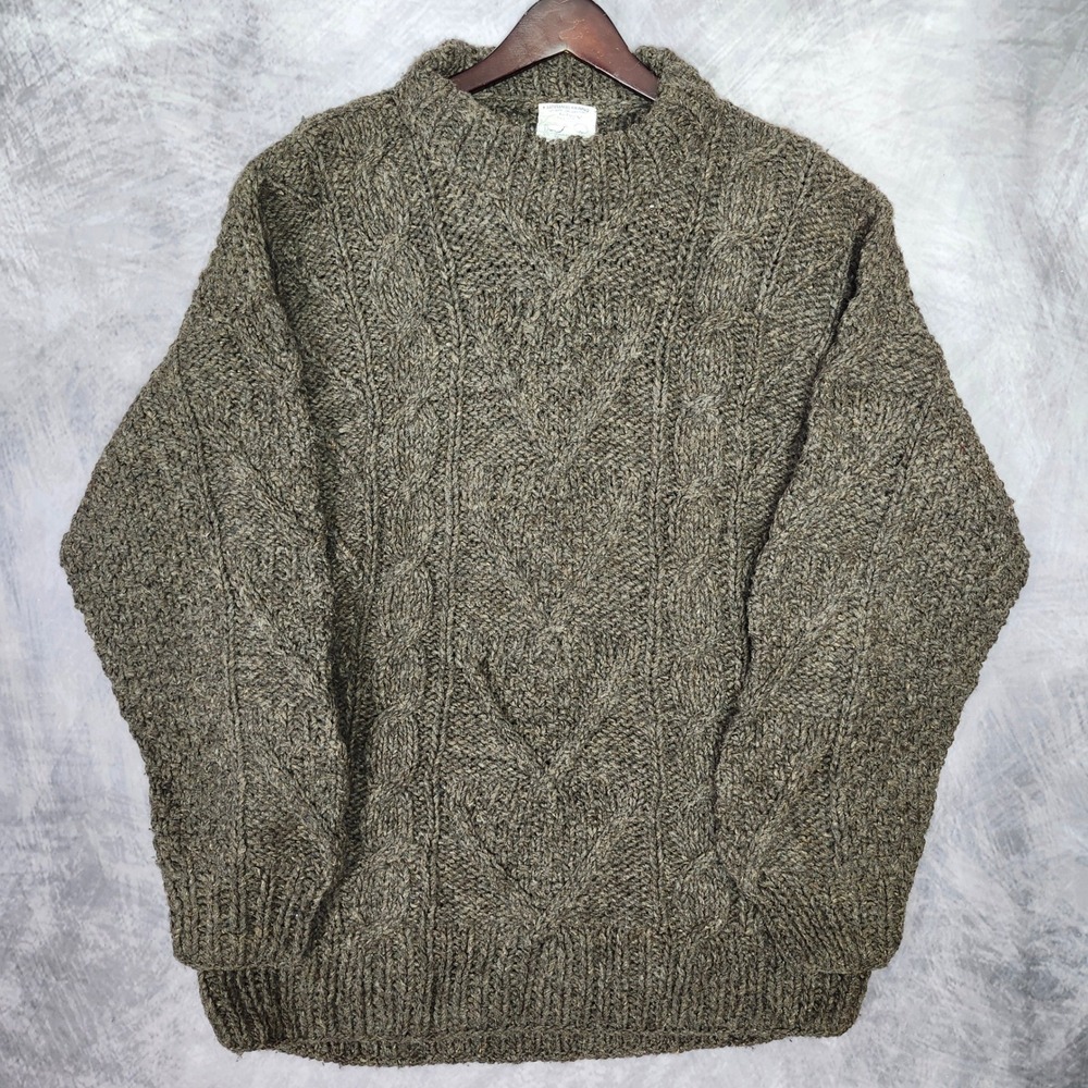 Handmade Ecuador Cable Knit Wool Sweater Mens XL Brown Chunky Fisherman Jumper
